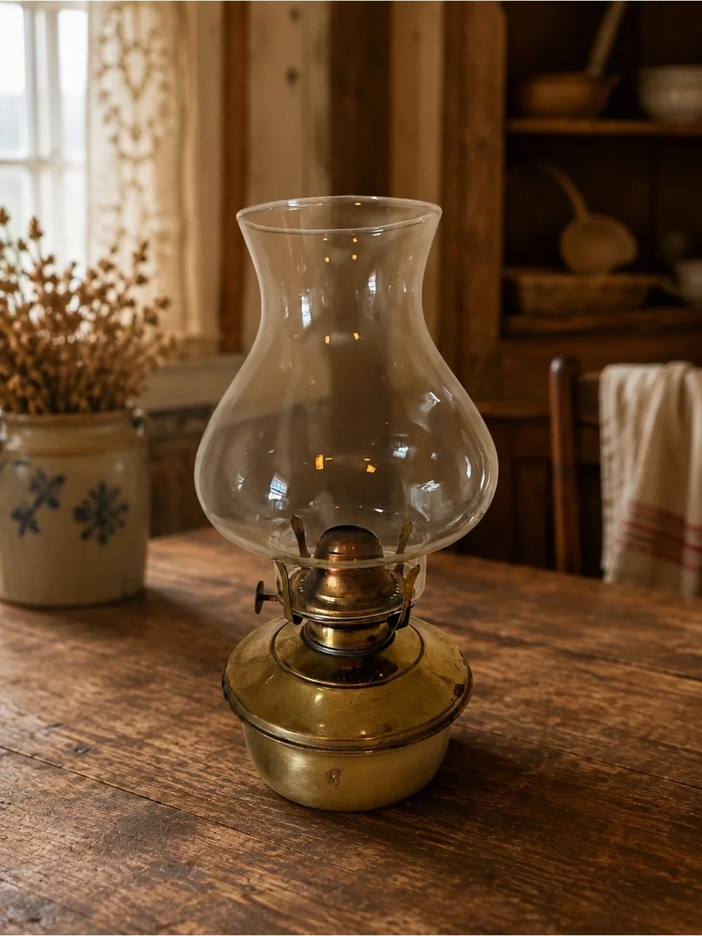 Brass Oil Lamp with Clear Glass Chimney - Home Accents